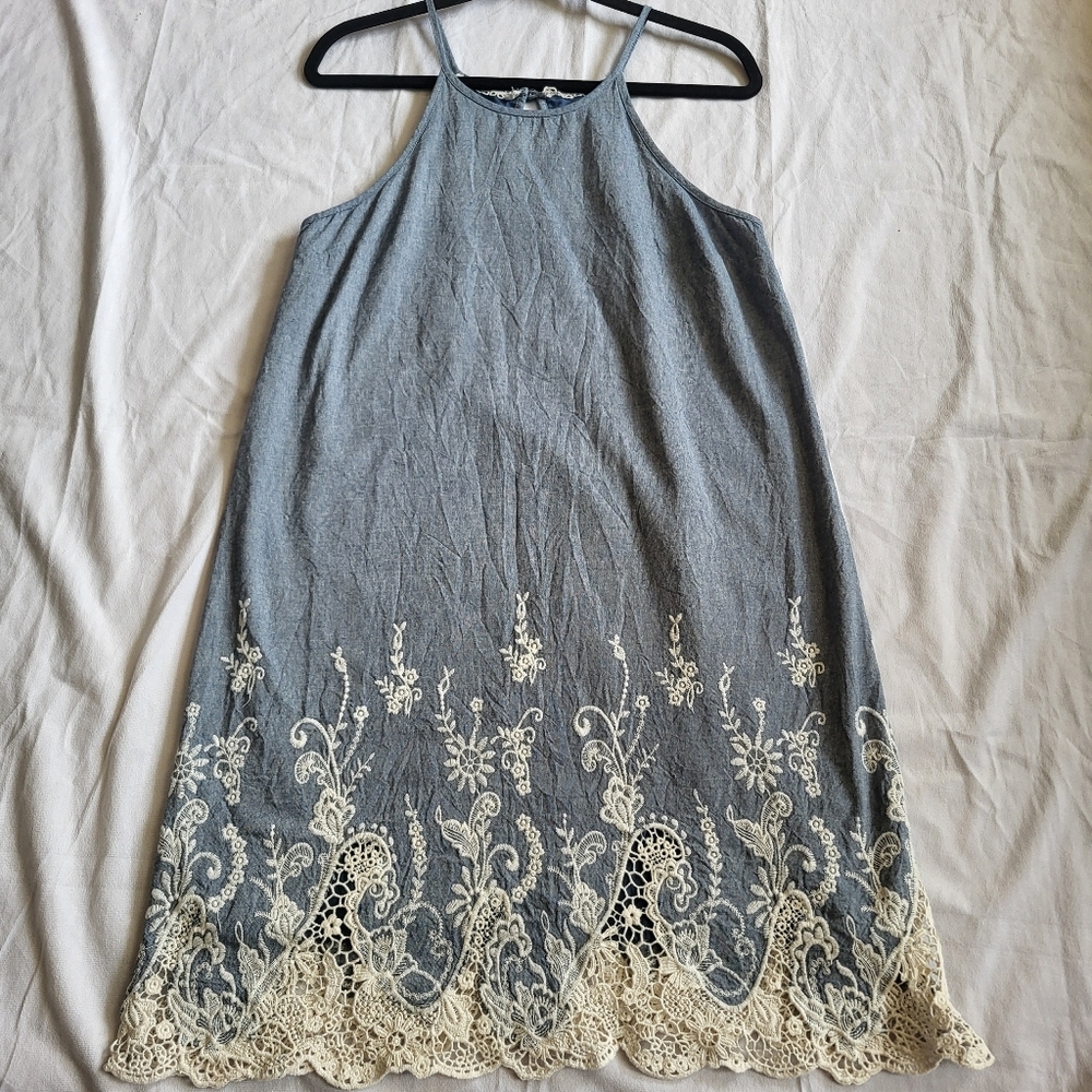 High Neck Chambray Dress W/White Eyelet Lace &Embroidery SzM Cottagecore Boho
